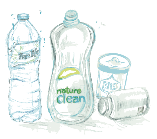 Drawings of waste, nature clean soap bottle, pure life water bottle, Bliss jar